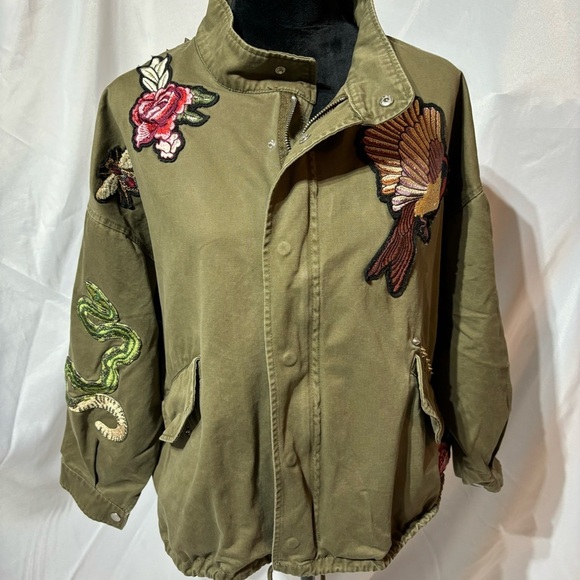 H&M Women's Olive Embroidered Patch Utility Jacket Size M - Picture 15 of 15